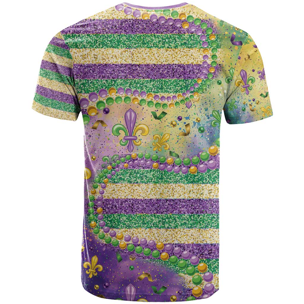 Mardi Gras Fleur De Lis T-Shirt With Beads Glitter Pattern Graphic Tee