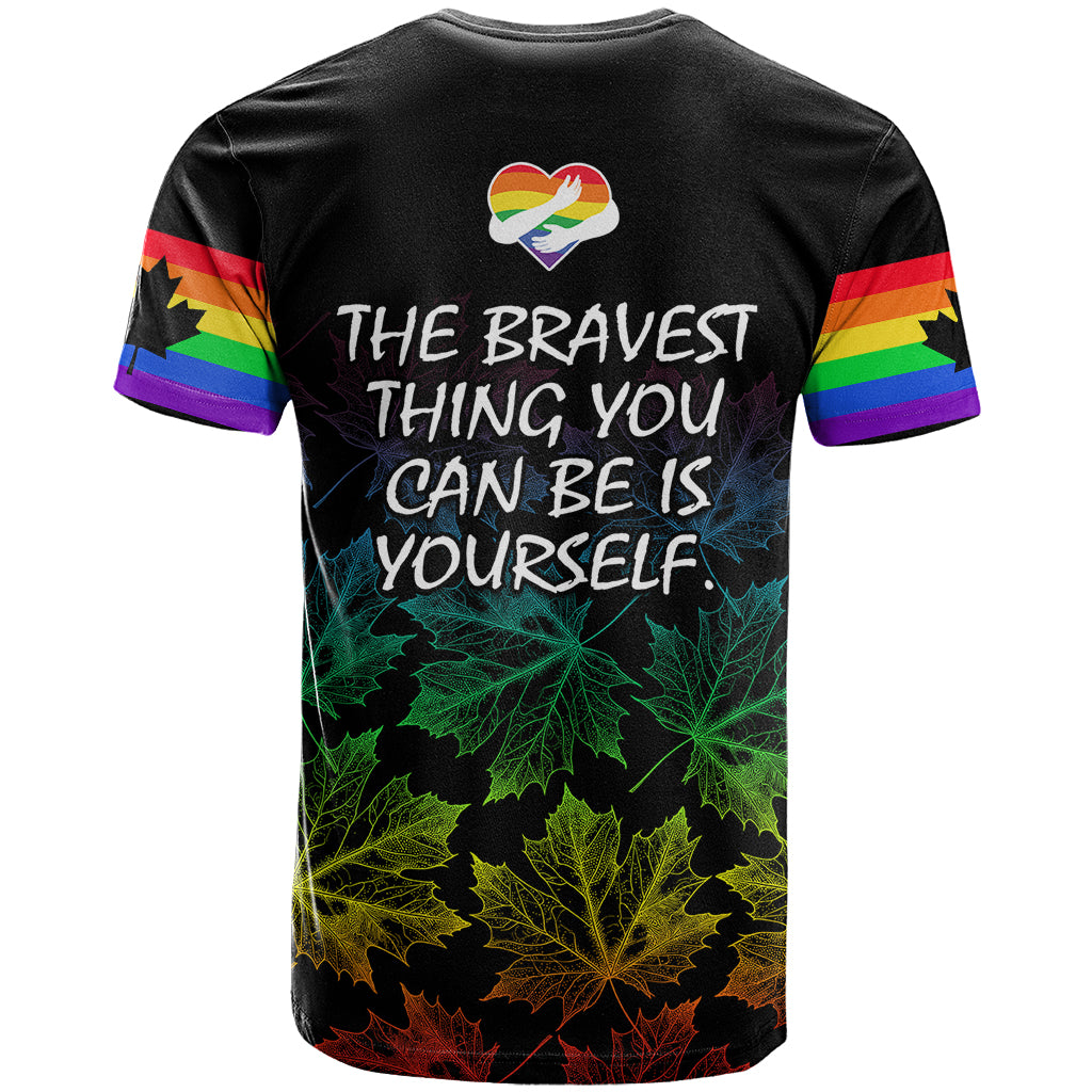 Canada LGBT History Month T-Shirt Hugging Rainbow Maple Leaves Graphic Tee