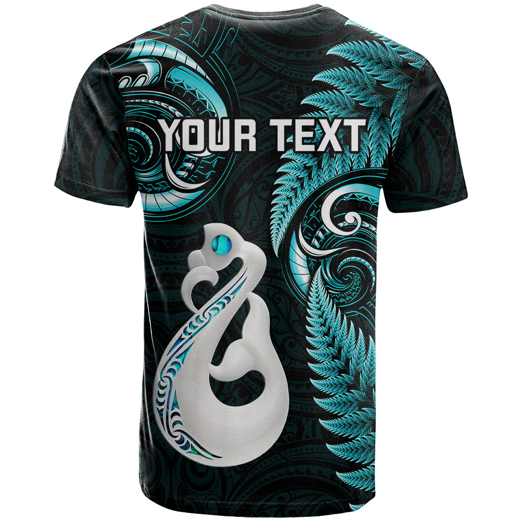 Personalised New Zealand T-Shirt Aotearoa Silver Fern With Manaia Maori Unique Turquoise Graphic Tee