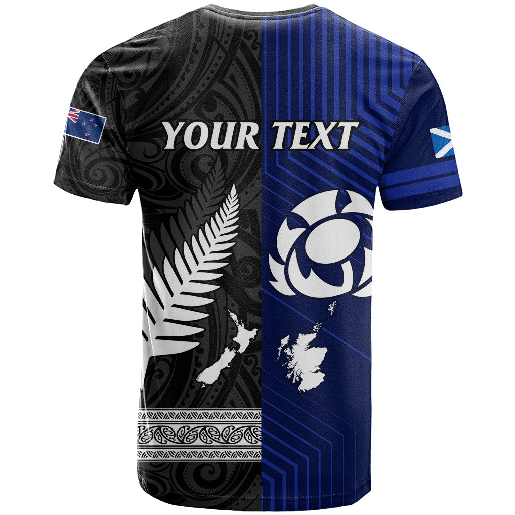 Personalised New Zealand and Scotland Rugby T-Shirt All Black Maori With Thistle Together Graphic Tee