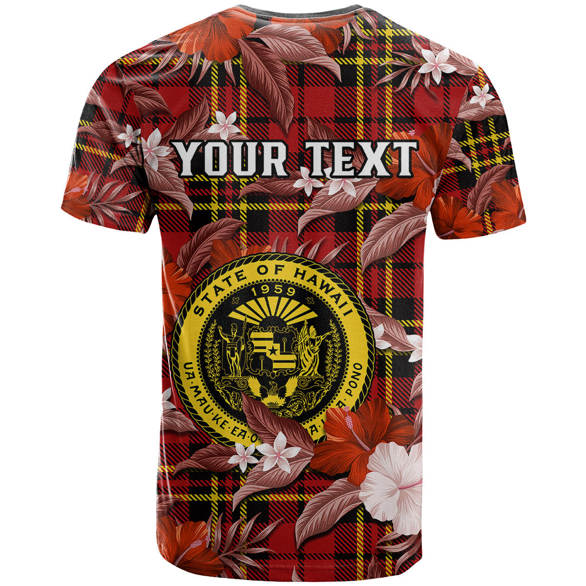 Custom Hawaii State T-Shirt Tropical Flowers Mix Tartan Red Version Graphic Tee