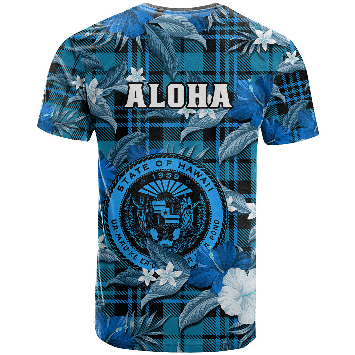 Hawaii State T-Shirt Tropical Flowers Mix Tartan Blue Version Graphic Tee