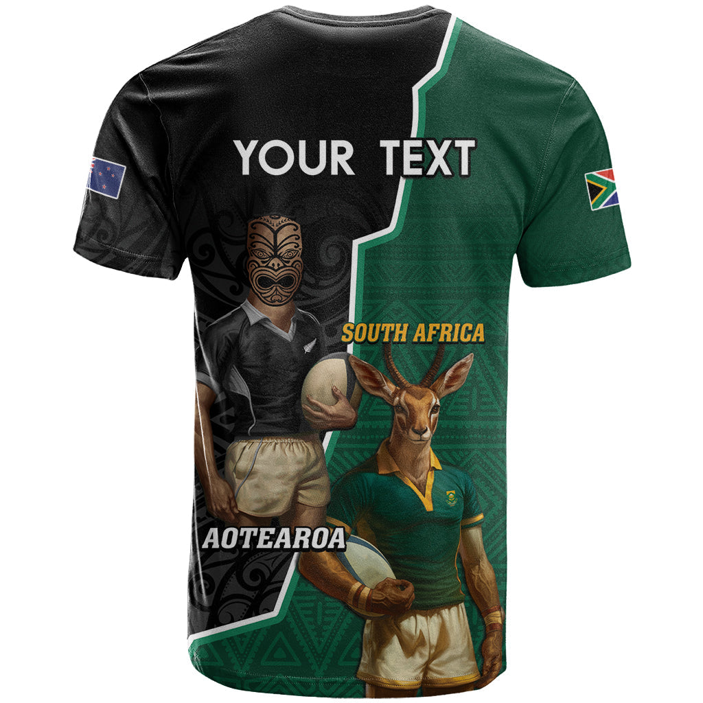 Personalised New Zealand And South Africa Rugby T-Shirt 2024 All Black Springboks Mascots Together Graphic Tee