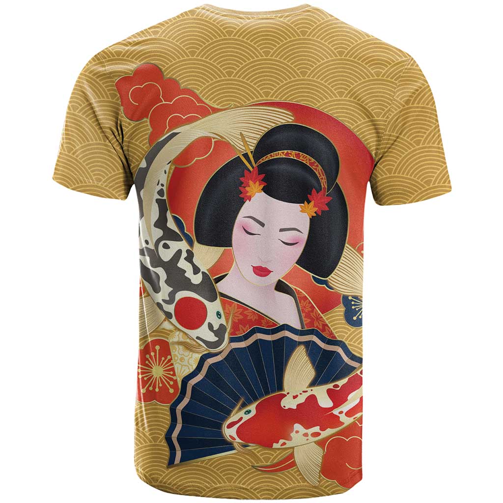 Japanese Geisha Koi Fish T-Shirt Cherry Blossoms Yellow Seigaiha Pattern Graphic Tee