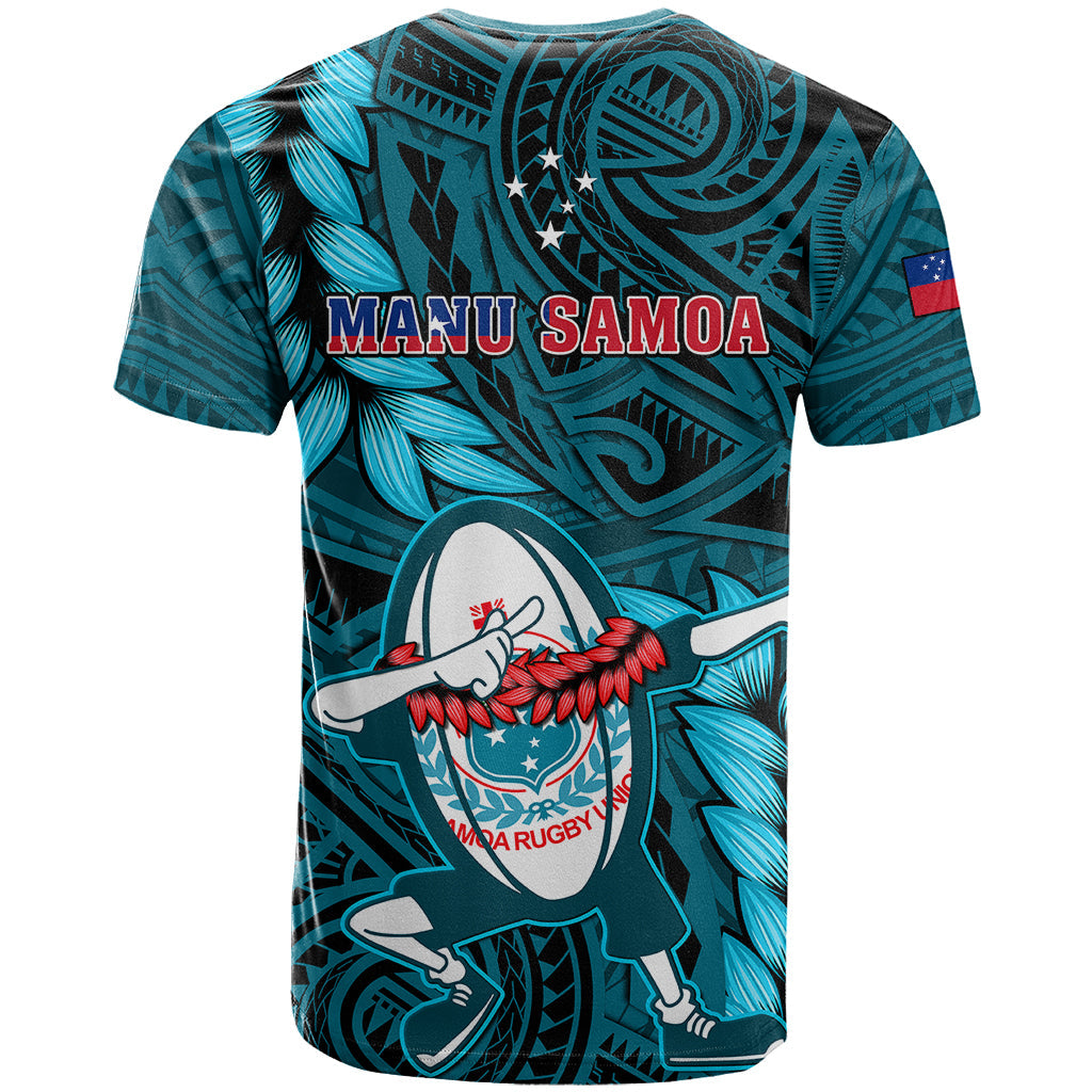 Samoa Rugby T-Shirt Manu Samoa Ula Fala Dabbing Ball Polynesian Turquoise Version Graphic Tee