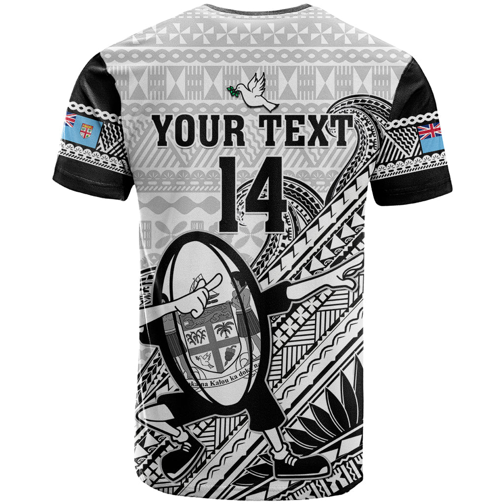 Custom Fiji Tapa Rugby T-Shirt Flying Fijian World Cup With Dabbing Ball Graphic Tee