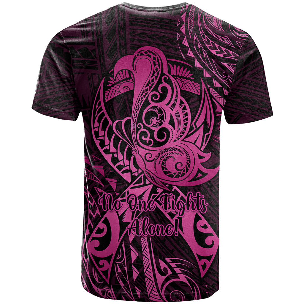 Polynesia Breast Cancer Awareness T-Shirt No One Fights Alone Pink Ribbon With Butterfly Graphic Tee