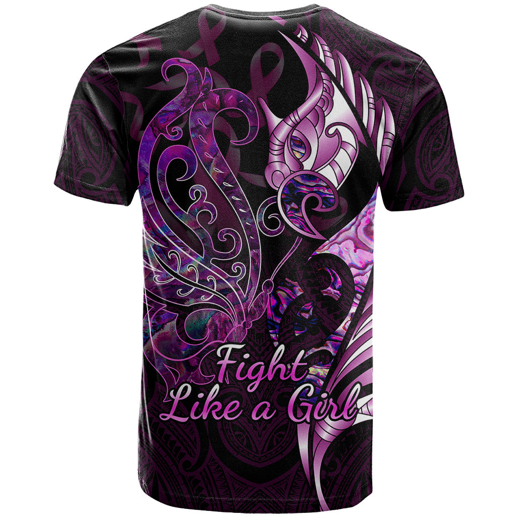 Personalised New Zealand Breast Cancer T-Shirt Fight Like A Girl Pink Manaia Fern With Paua Shell Graphic Tee