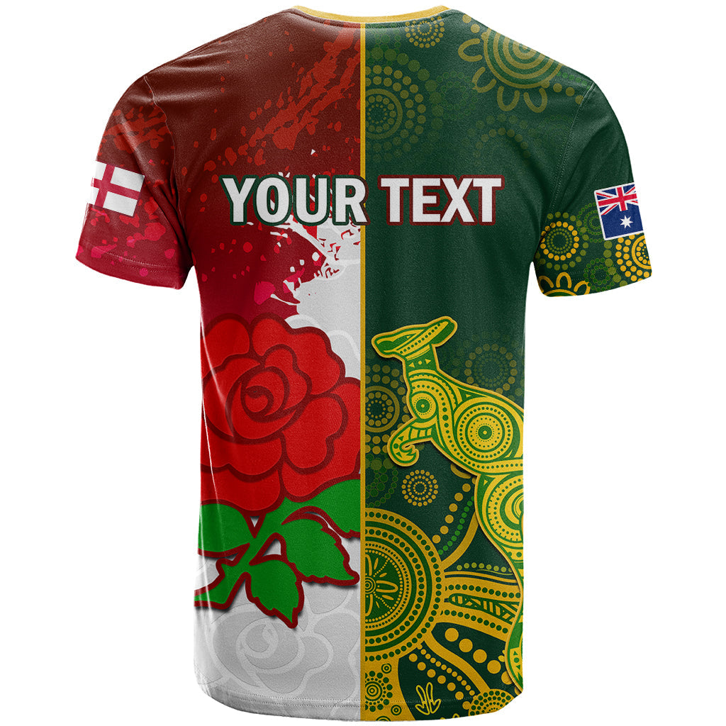 Personalised Australia And England Rugby T-Shirt Indigenous Wallabies With Red Roses Sporty Version Graphic Tee