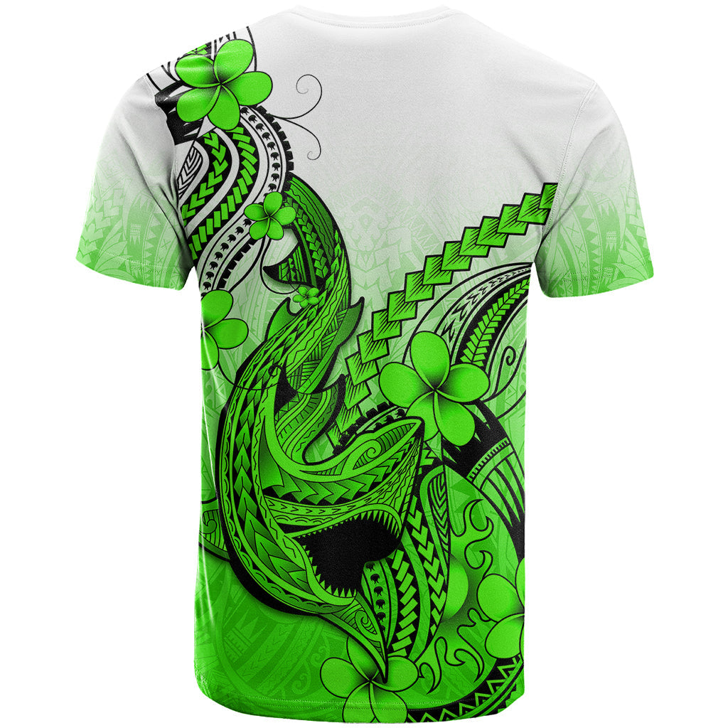 Hawaii T-Shirt Polynesian Shark Tattoo With Plumeria Green Gradient Graphic Tee