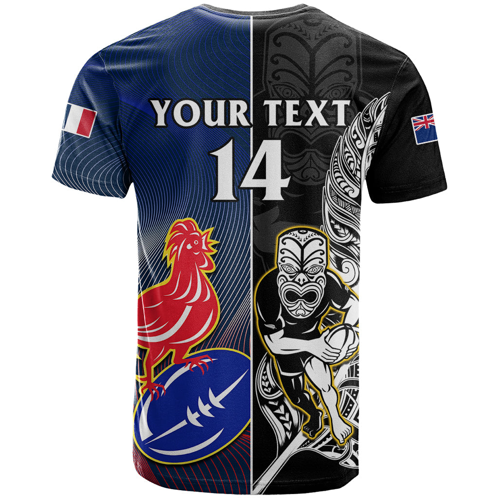 Custom New Zealand And France Rugby T-Shirt All Black With Les Bleus Together World Cup Graphic Tee