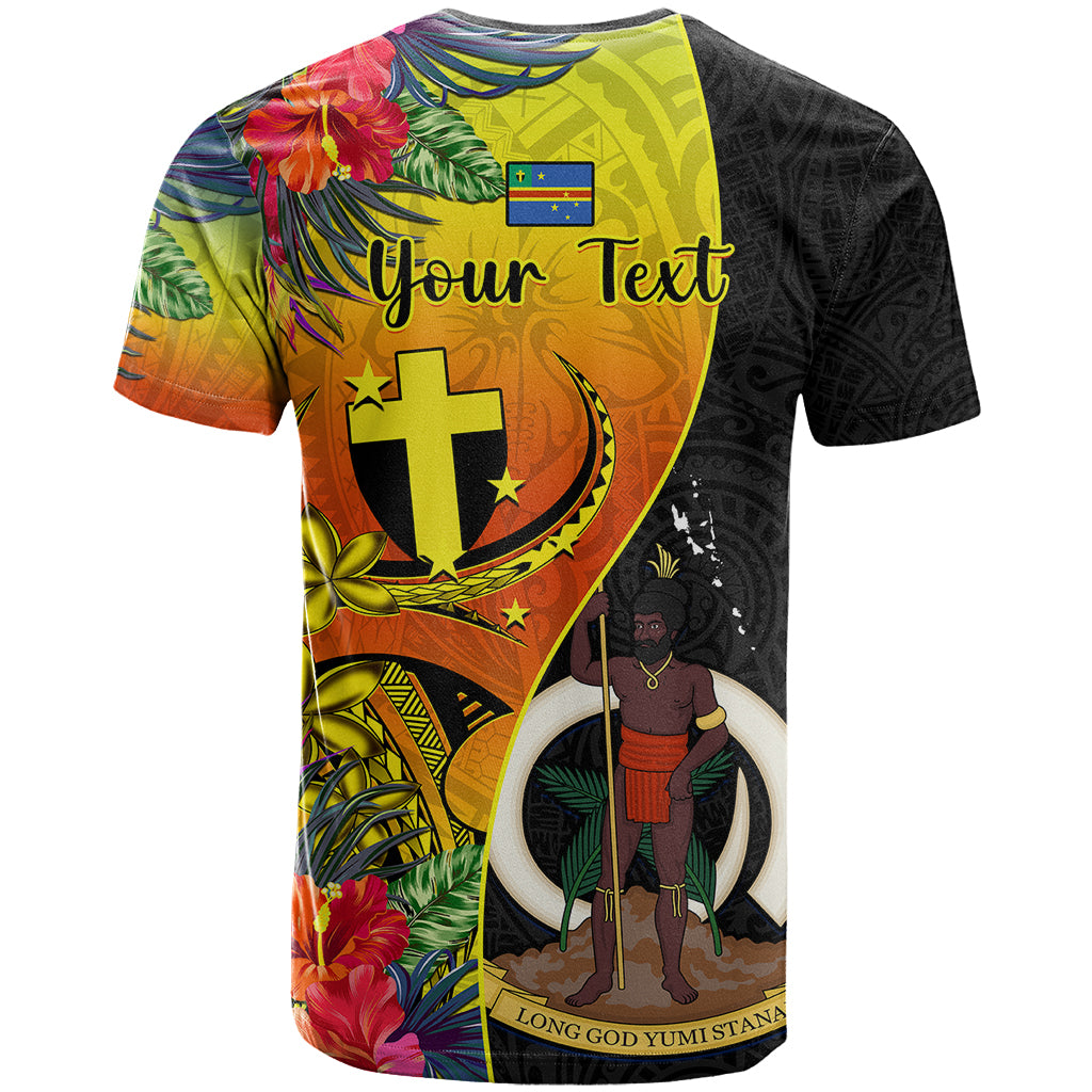 Personalised Vanuatu Tafea Day T-Shirt Coat Of Arms Mix Tropical Flowers Graphic Tee