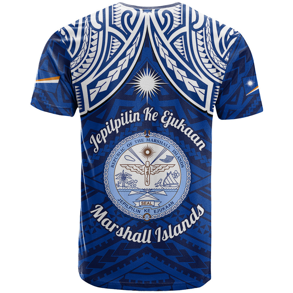 Marshall Islands T-Shirt Blue Polynesian Tribal Mix Coat Of Arms Graphic Tee