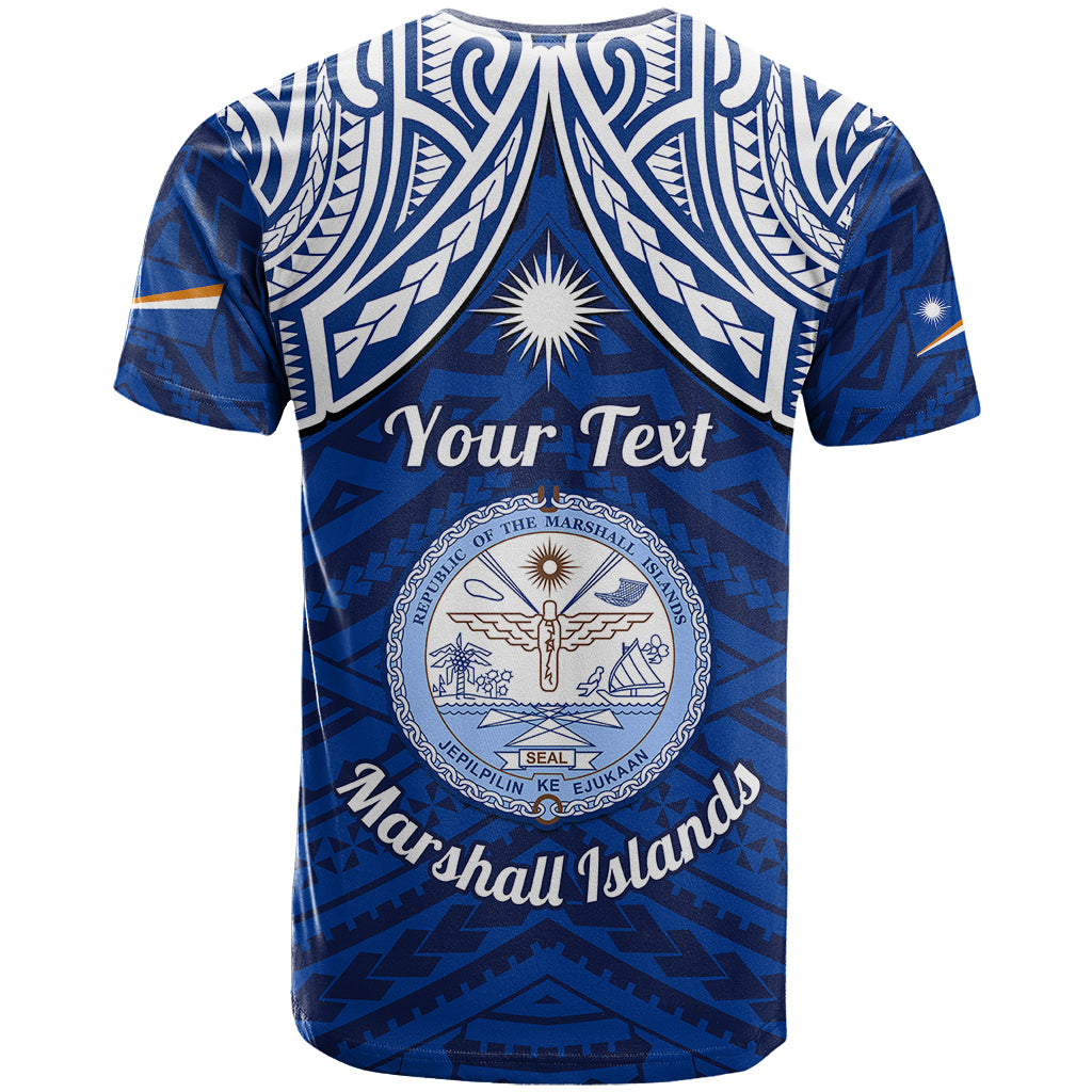 Personalised Marshall Islands T-Shirt Blue Polynesian Tribal Mix Coat Of Arms Graphic Tee