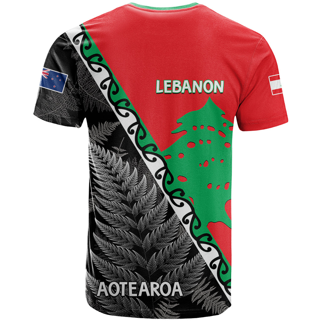 New Zealand And Lebanon T-Shirt Silver Fern Maori With Cedar Tree Together Graphic Tee