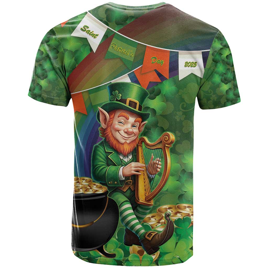 Happy Saint Patrick's Day T-Shirt Leprechaun With Irish Harp - Shamrock Pattern Graphic Tee