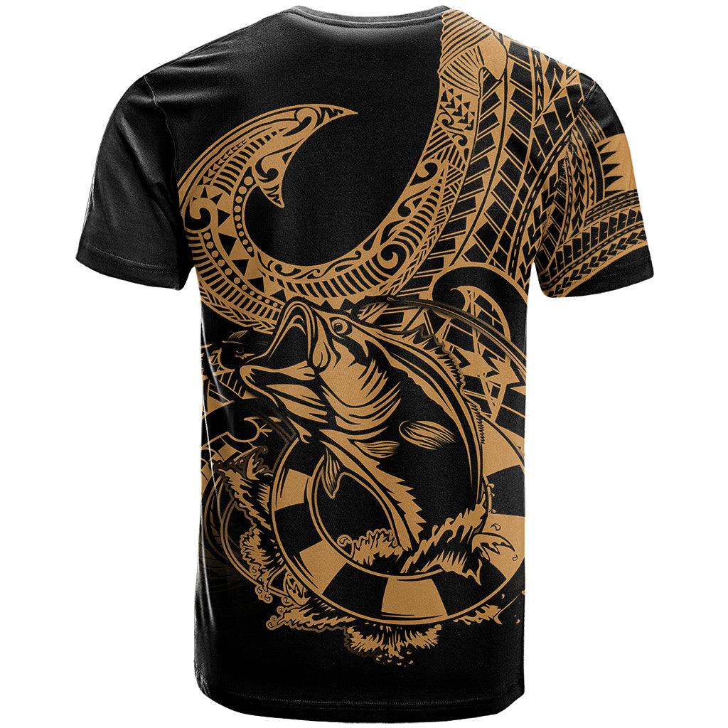 Polynesia T-Shirt Fish Hook Tattoo Go Fishing Polynesian Pattern Gold Graphic Tee