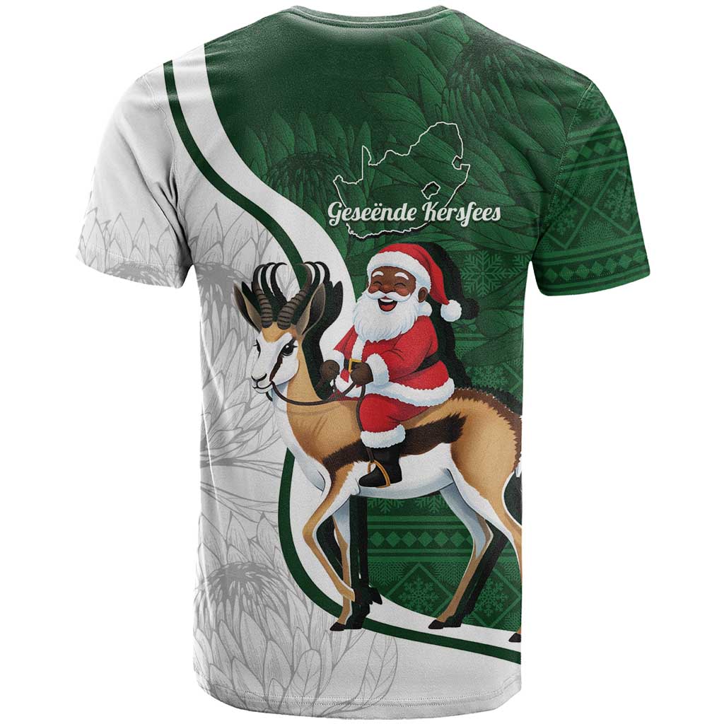 South Africa Christmas In July T-Shirt Geseende Kersfees Springbok Black Santa Graphic Tee
