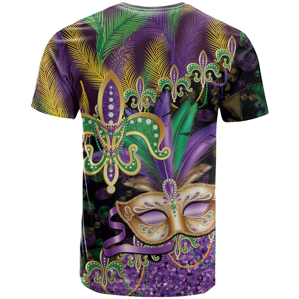 Fleur De Lis Mardi Gras Mask T-Shirt 504 NOLA Carnival Feathers Glitter Effect Graphic Tee