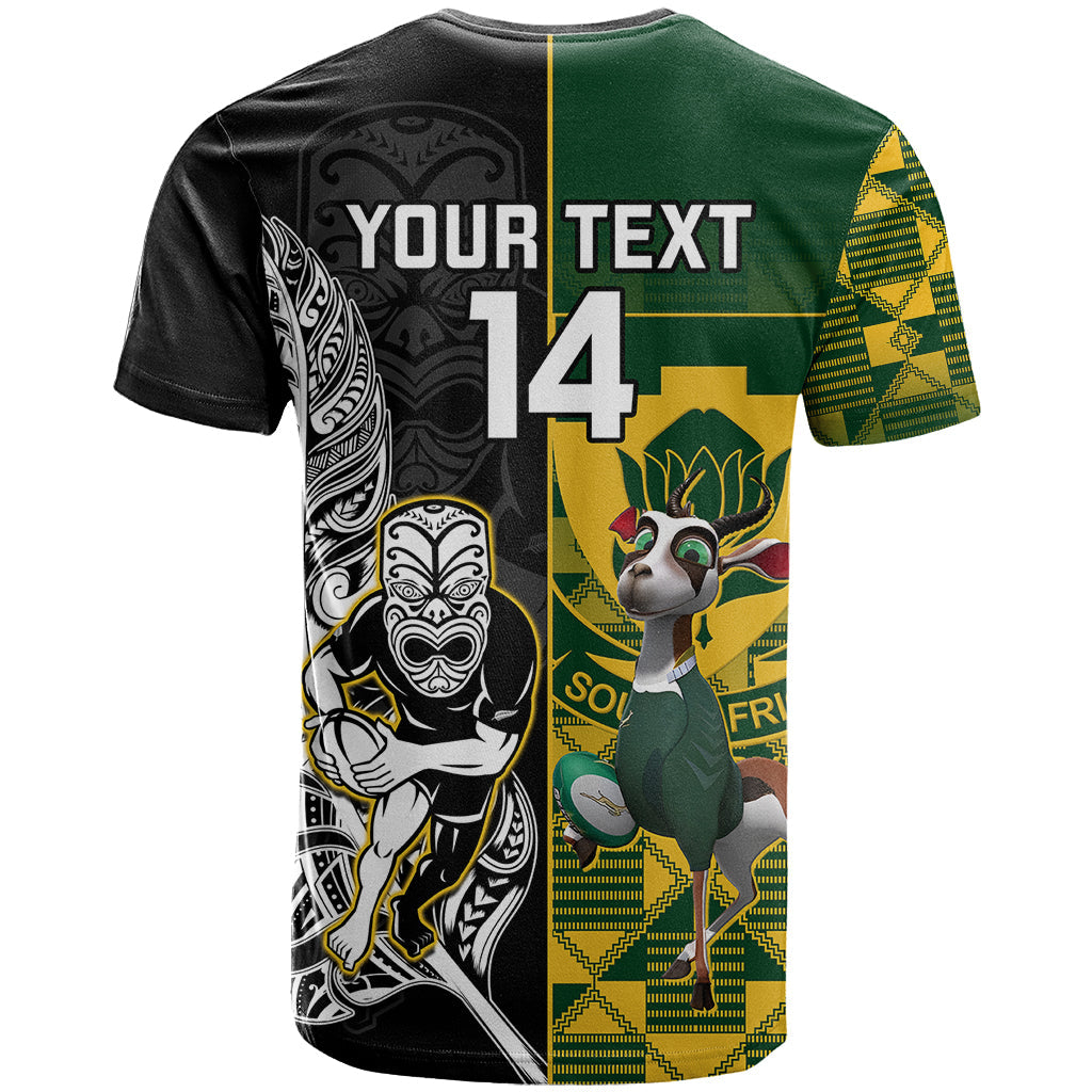 Custom South Africa And Aotearoa Rugby T-Shirt Springboks Kente Combine All Black Maori Fern Graphic Tee