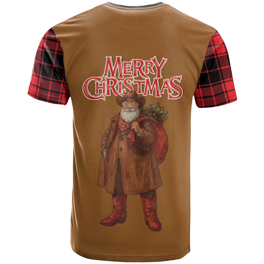 Santa Western Cowboy Christmas T-Shirt Plaid Black Red Vest Style Graphic Tee