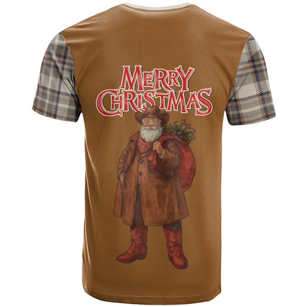 Santa Western Cowboy Christmas T-Shirt Plaid Brown Beige Vest Style Graphic Tee