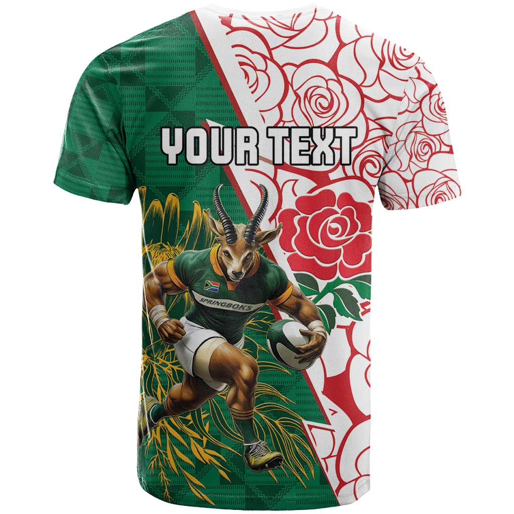 Personalized South Africa and England Rugby T-Shirt Springboks Mascot With Red Rose Graphic Tee