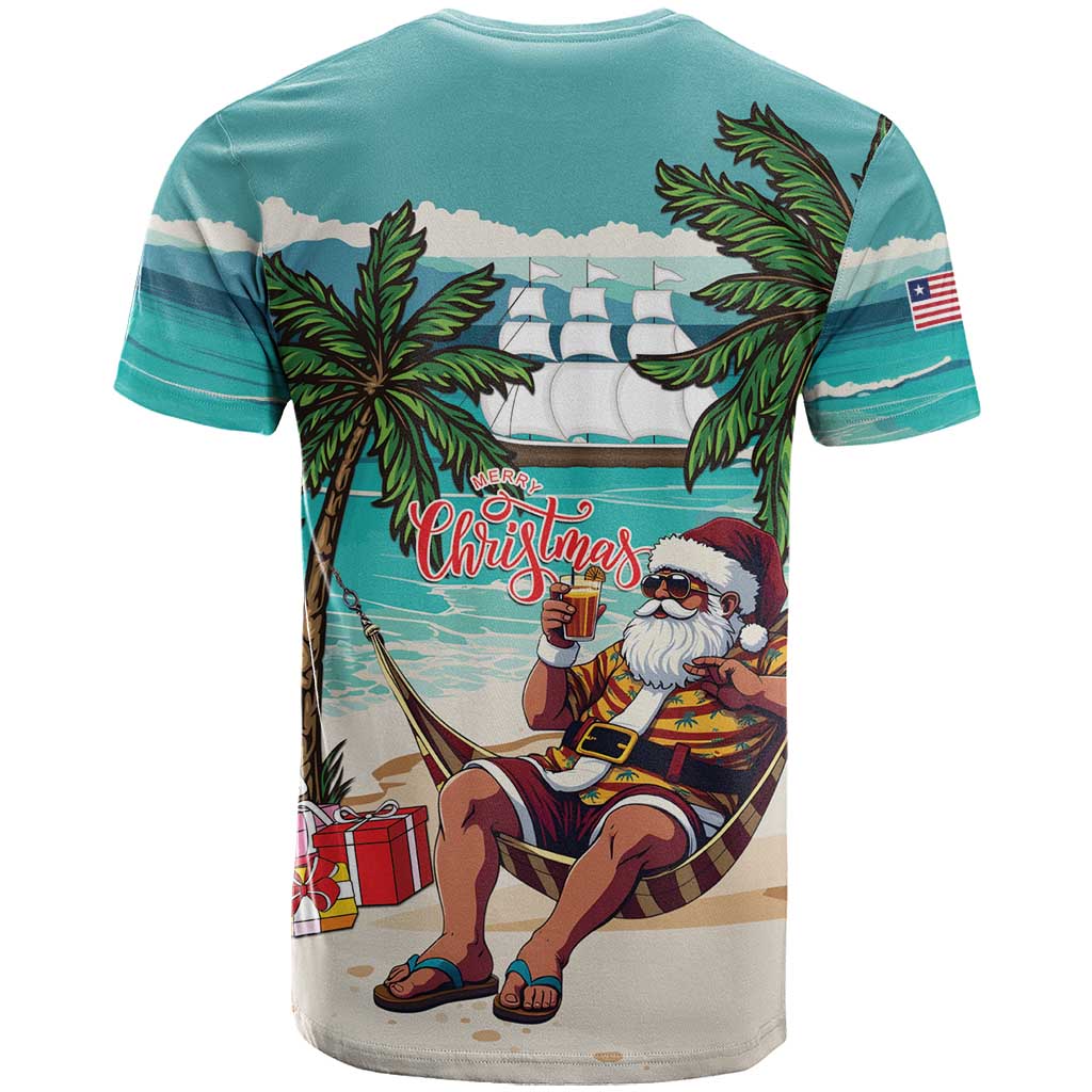 Liberia Christmas T-Shirt Santa Chill on Tropical Beach Graphic Tee
