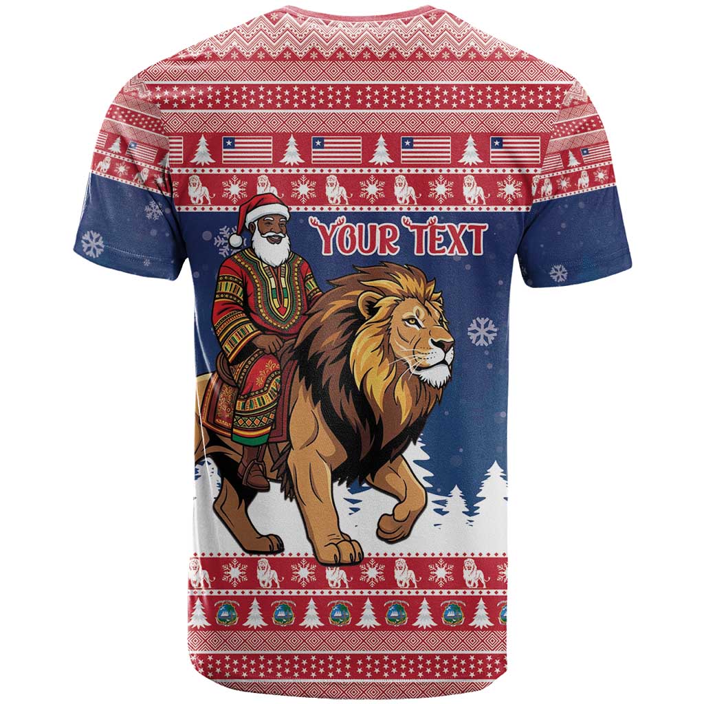 Personalized Liberia Christmas T-Shirt Black Santa Riding Lion - Merry Christmas Graphic Tee