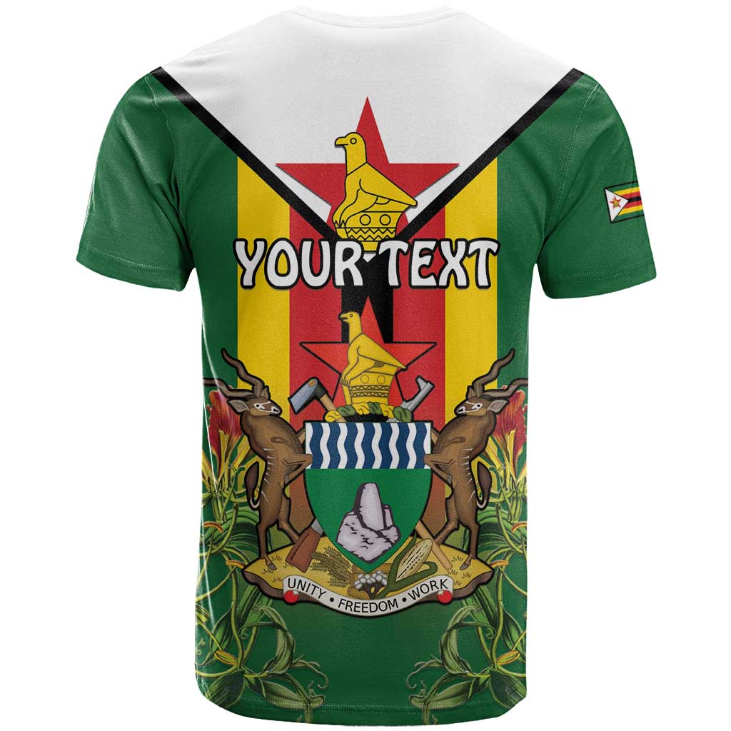 Personalised Zimbabwe Independence Day T-Shirt Gloriosa Flower - Flag Style Graphic Tee