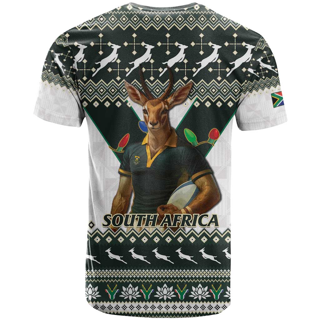 South Africa Christmas Rugby T-Shirt Springboks Mascot Mix African Pattern Graphic Tee