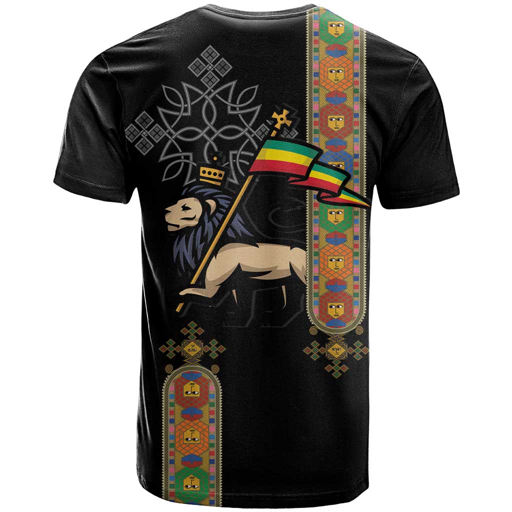 Ethiopia Saba Kemis T-Shirt Ethiopian Cross Lion Of Judah Black Color Graphic Tee