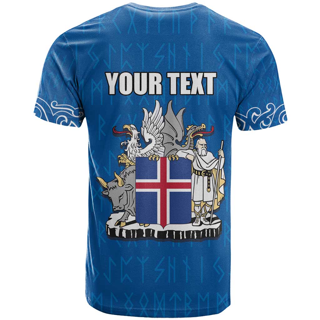 Personalized Iceland Coat of Arms T-Shirt Runic Alphabet Viking Runes Pattern Graphic Tee