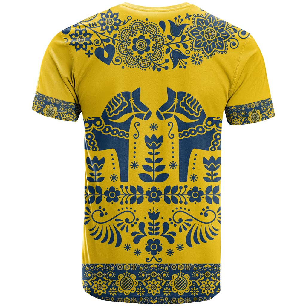 Sweden Dalecarlian Horse T-Shirt Floral Folk Pattern Yellow Version Graphic Tee