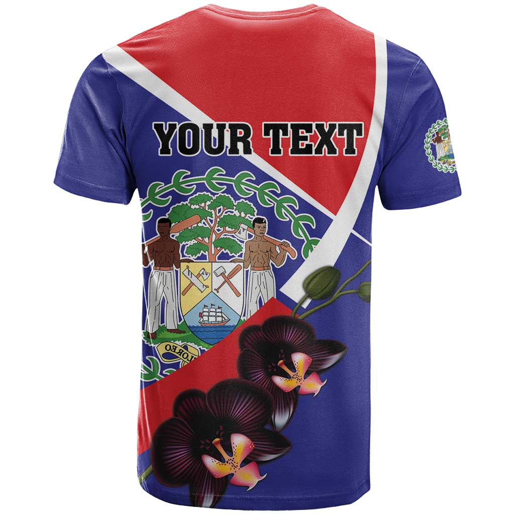 Personalized Belize Coat Of Arms T-Shirt With Black Orchid Flowers Graphic Tee