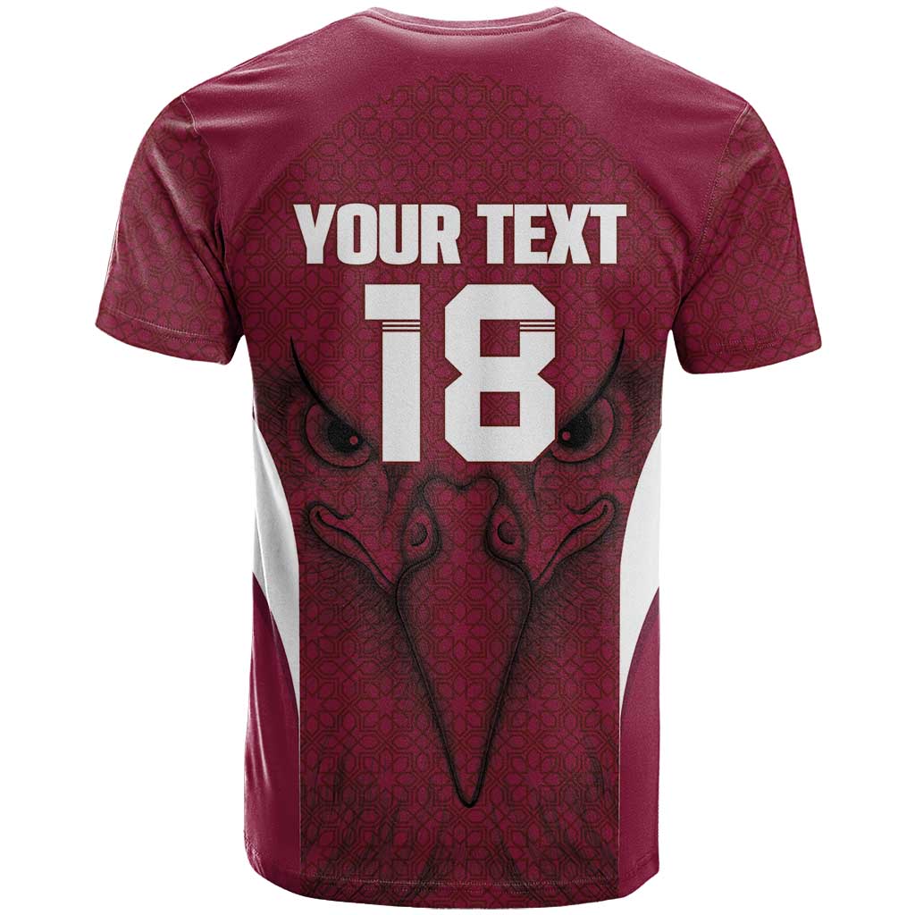 Custom Qatar Football T-Shirt Maroon Falcon Spirit Red Version Graphic Tee