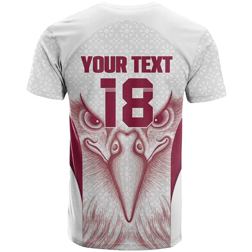 Custom Qatar Football T-Shirt Maroon Falcon Spirit White Version Graphic Tee