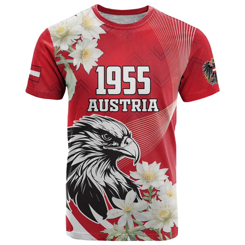 Austria Independence Day 1955 T-Shirt Black Eagle And Edelweiss Flowers Graphic Tee