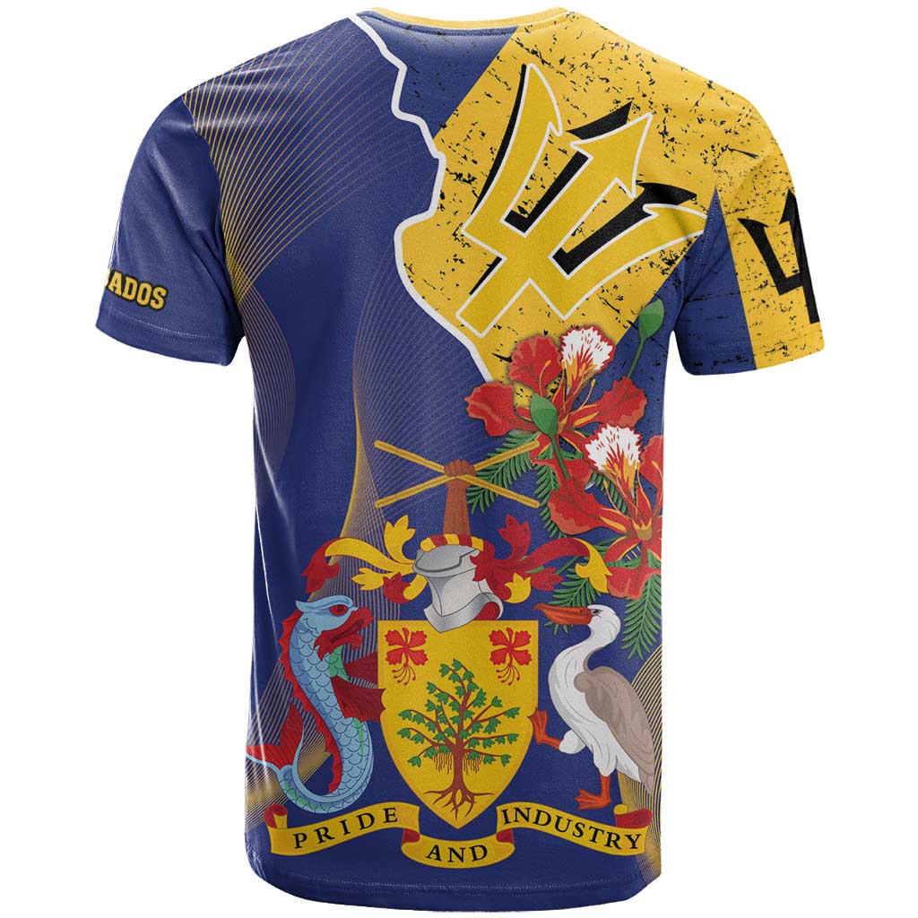 Barbados Coat Of Arms T-Shirt With Dwarf Poinciana Flowers Graphic Tee