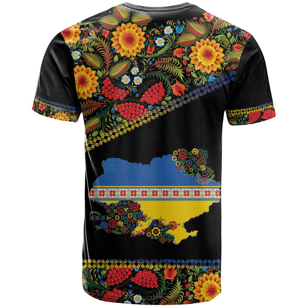 Petrykivka Ukrainian Folk Pattern T-Shirt Golden Trident With Map Graphic Tee