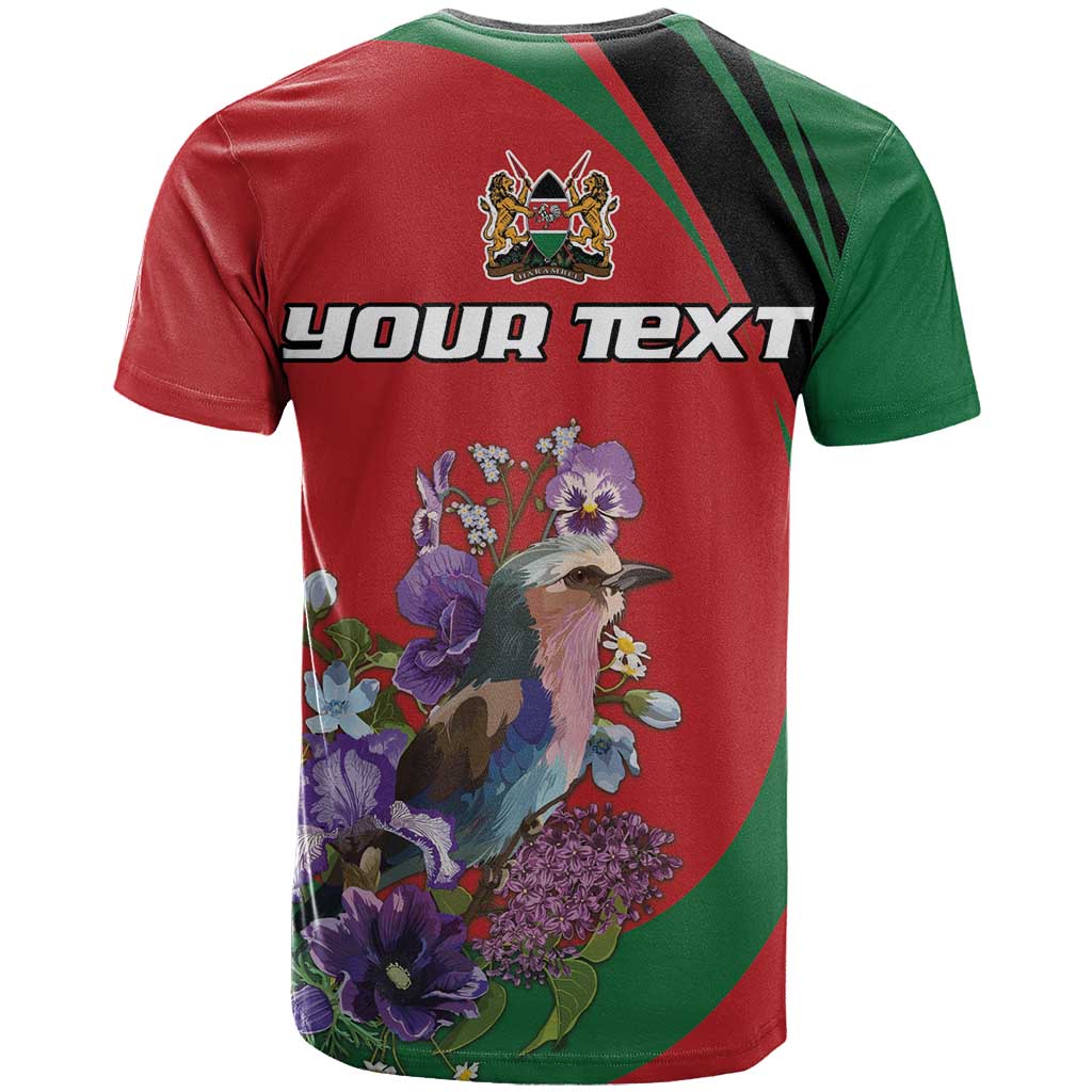 Personalized Kenya Lilac Breasted Roller T-Shirt With Violet Flowers Graphic Tee
