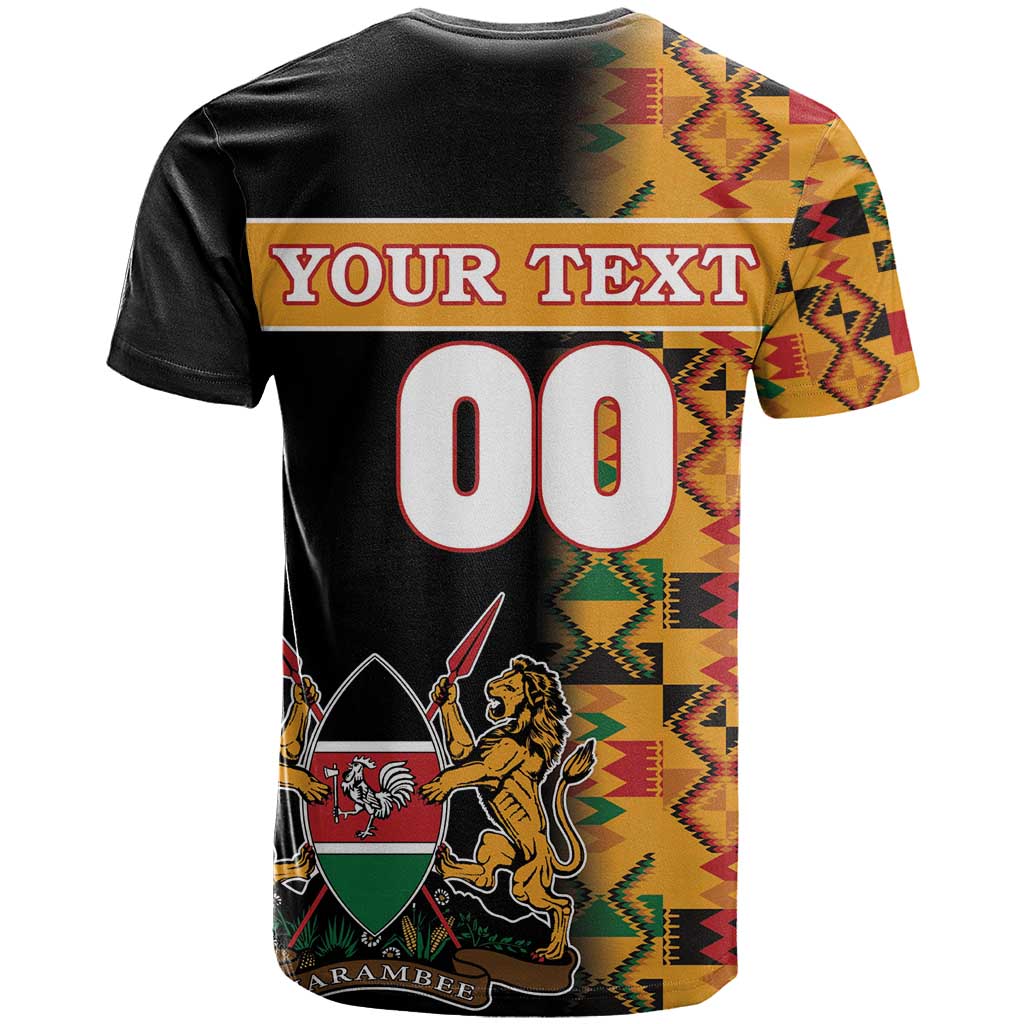 Custom Kenya Coat Of Arms T-Shirt With Kente Patterns Graphic Tee