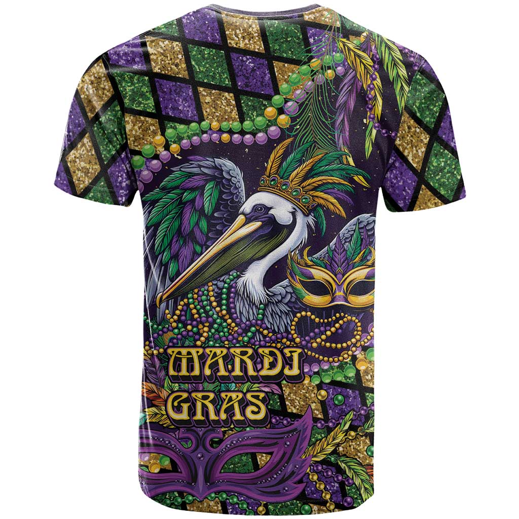 Mardi Gras Pelican T-Shirt Crowned Feathers Carnival Reign Graphic Tee
