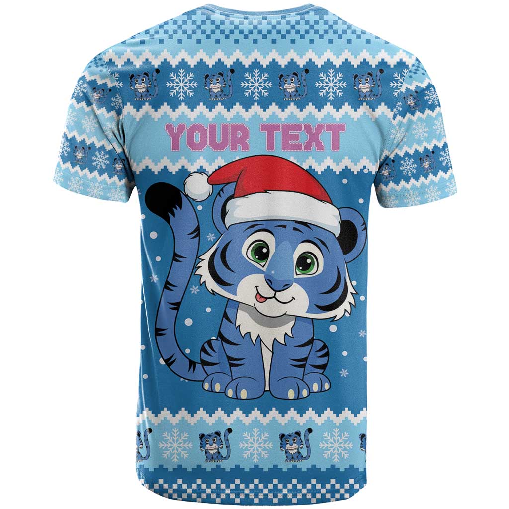 Personalized Blue Tiger Christmas T-Shirt Kawaii Derpy Tiger Santa Mode Graphic Tee