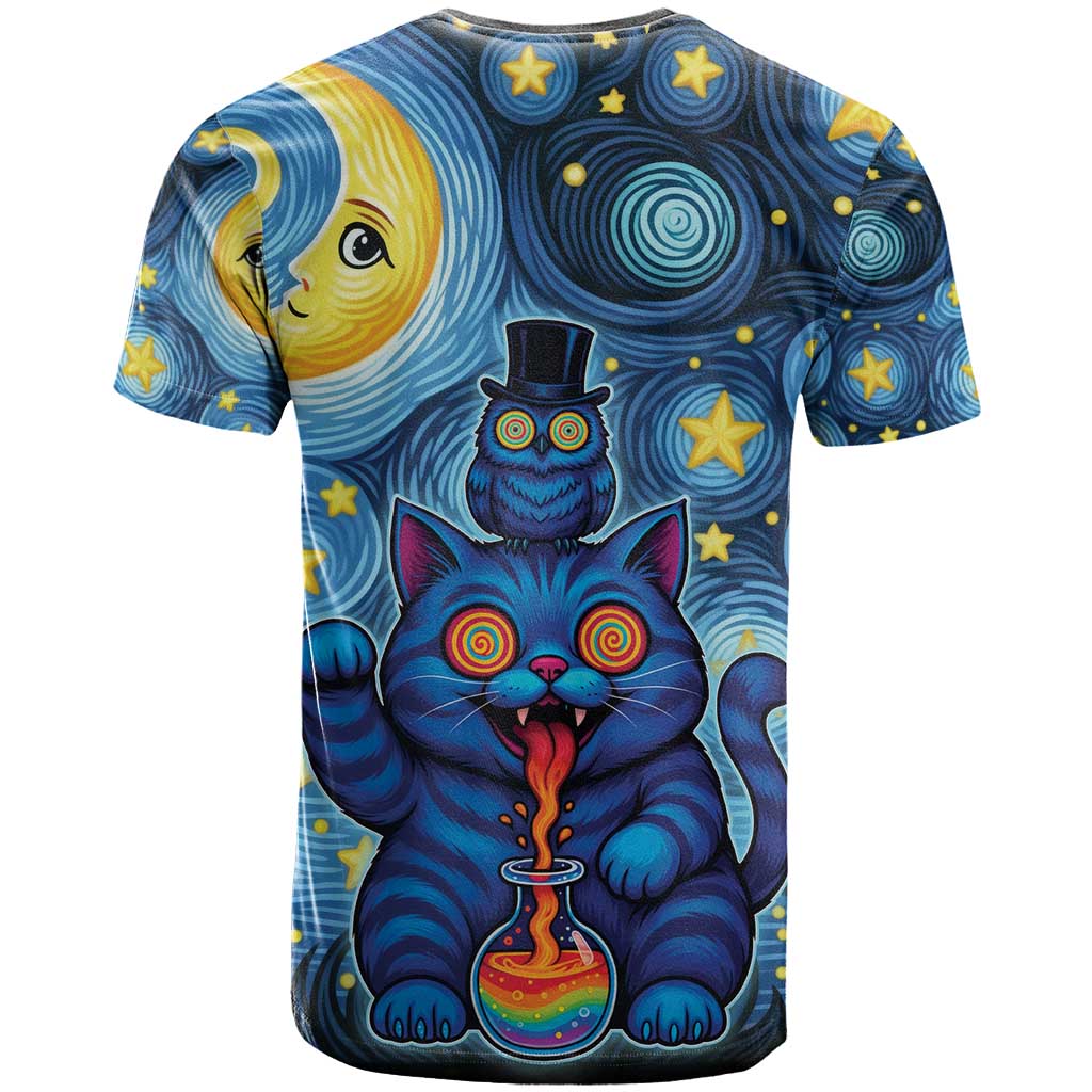 Trippy Cat and Owl T-Shirt Starry Psychedelic Vibes Graphic Tee