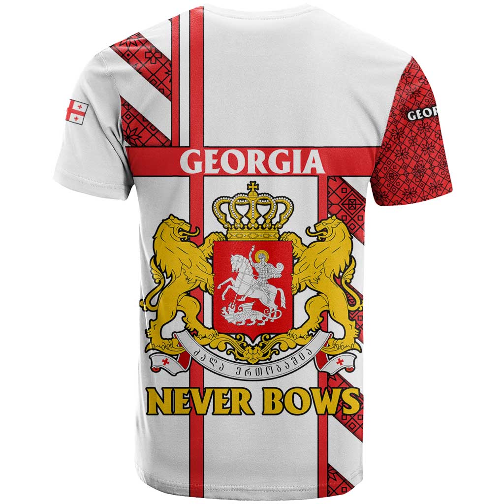 Georgia T-Shirt with Red Cross and Golden Lions Emblem Never Bows Design Graphic Tee