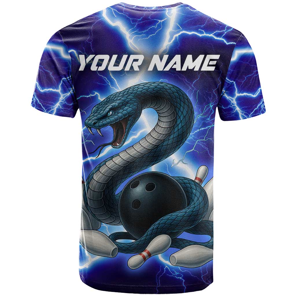 Snake and Bowling Ball Design T-Shirt with Lightning Background and Custom Team Name Text Graphic Tee