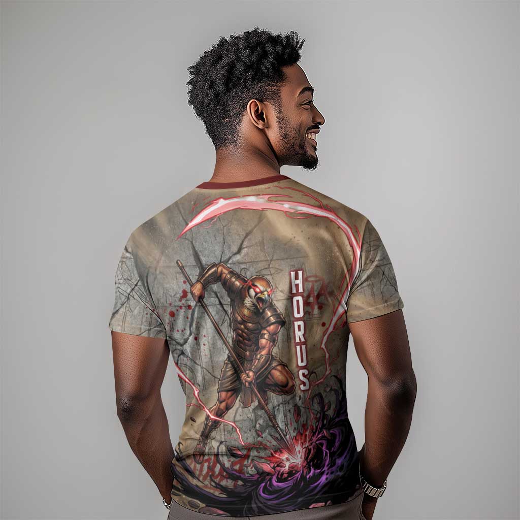 Horus Behdety Warrior T-Shirt with Falcon Mask and Spear Ancient Egyptian Combat Graphic Tee