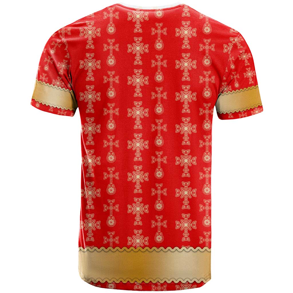 Armenian Traditional Red T-Shirt with Gold Cross Pattern and Flag Crest Graphic Tee