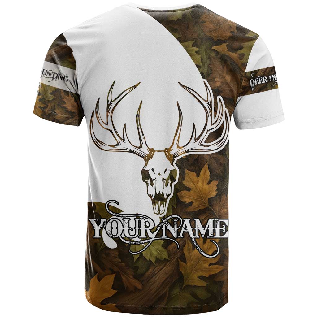 Custom Deer Hunting Skull T-Shirt with Antlers Graphic on Autumn Leaf Camo Background Graphic Tee